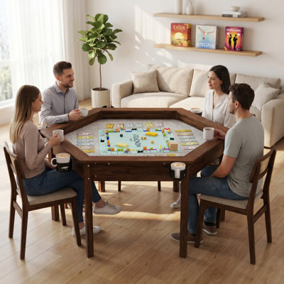 Hexagon Dining Table for 6 with Removable Game Top, Solid Wood Legs & Rotating Cup Holders – Rustic Brown
