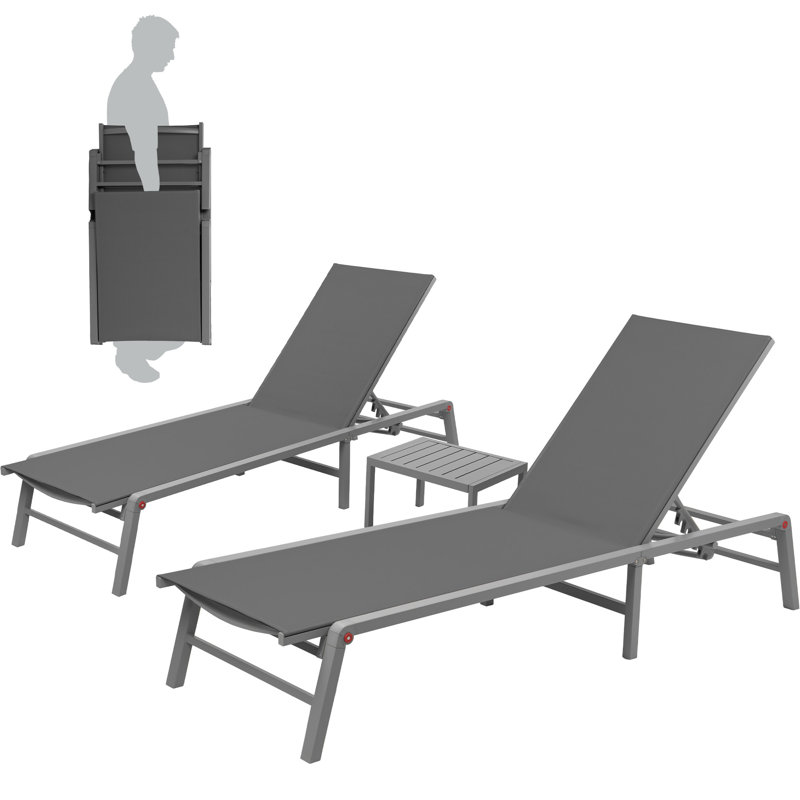 Ensemble de salon de patio 3 pièces Kozyard, 2 chaises longues d'extérieur pliables avec table d'appoint, chaises de patio à cadre en aluminium avec dossier réglable à 5 positions, tissu textilène respirant, aucun assemblage requis, inclinable et à plat pour la piscine, la plage et le patio gris