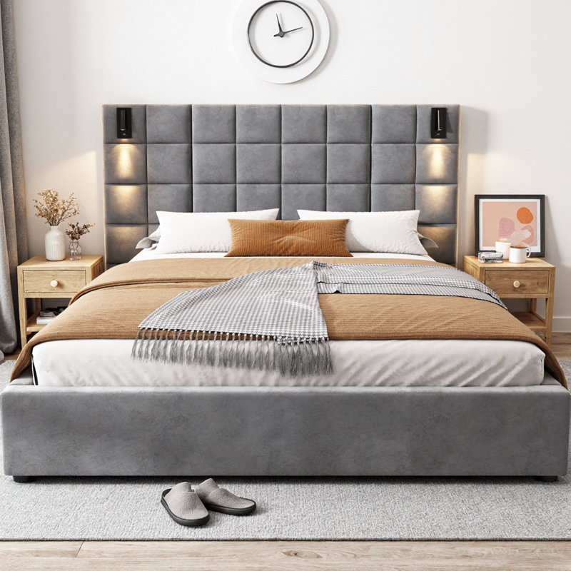 Structure de lit tapissier grand format avec tête de lit large en velours, applique murale intégrée et port USB - Lit moderne avec dossier rembourré, aucun sommier requis