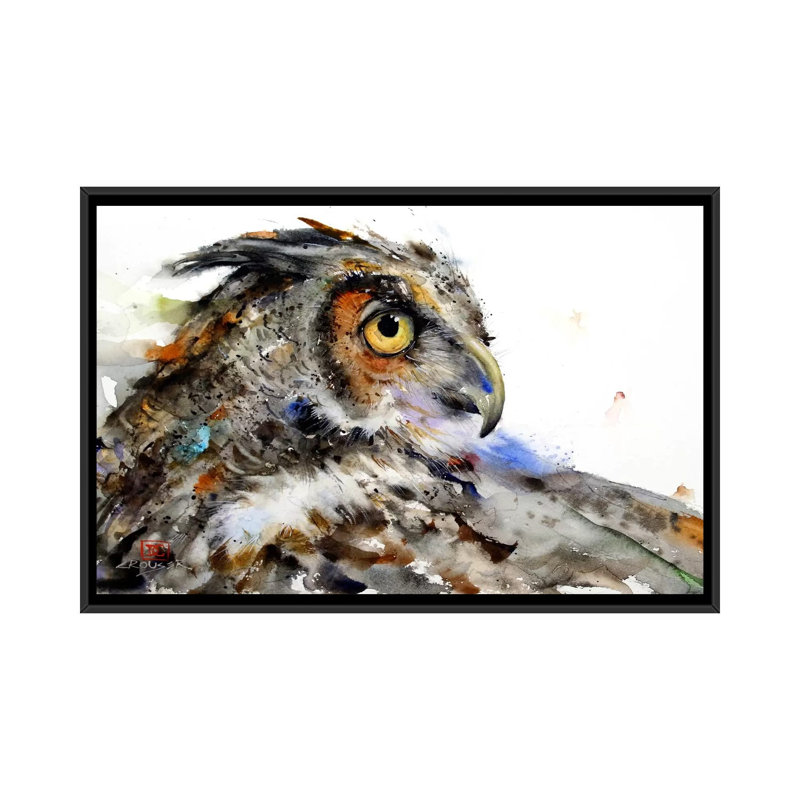 «Owl II», peinture sur toile tendue, H 18 po x l 26 po x P 1,5 po, Toile encadrée noire, Pas de tapis