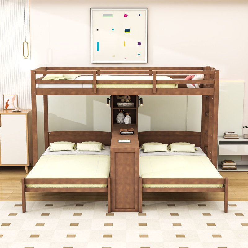 Lit superposé simple au-dessus de simple et simple en bois avec bureau intégré, tablettes Wood, Naturel
