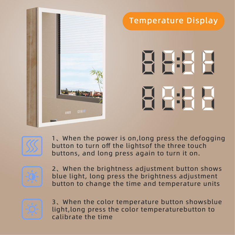 24" W X 30" H Bathroom Medicine Cabinet With LED Vanity Mirror, Adjustable Light, Time & Room Temperature Display, Wall Mounted Bathroom Mirror With Storage, Adjustable Shelves