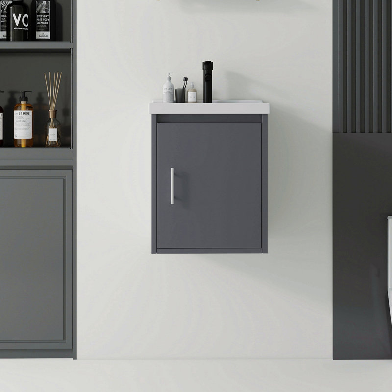 Meuble-lavabo flottant 16 po avec lavabo, porte à fermeture en douceur, lavabo en céramique, contreplaqué, Gris, L 16 po