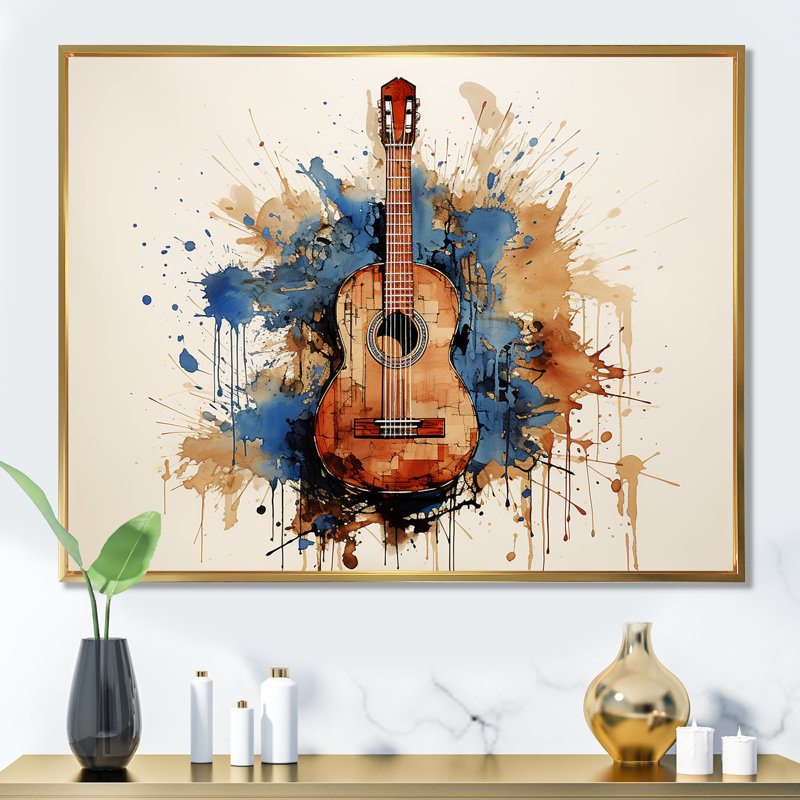 Earthy Brown, guitare mélodique - musique sur toile, H 30 po x l 40 po x P 1,5 po, Cadre flottant doré
