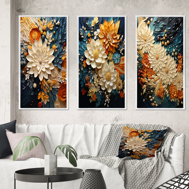 Tourbillon botanique orange sarcelle IV - art mural abstrait botanique 3 pièces, H 40 po x l 60 po, Blanc