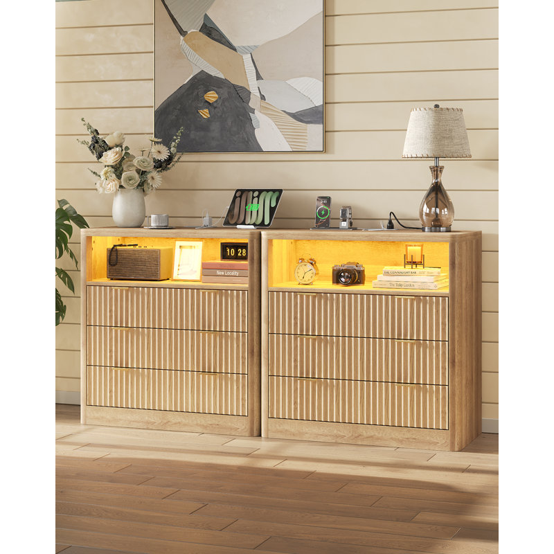 Fluted Night Stand With LED Light & Charging Station, Abella With 3 Storage Drawers, 31” Wide Top, Modern Farmhouse Bedside Table For Bedroom(Set Of 2)
