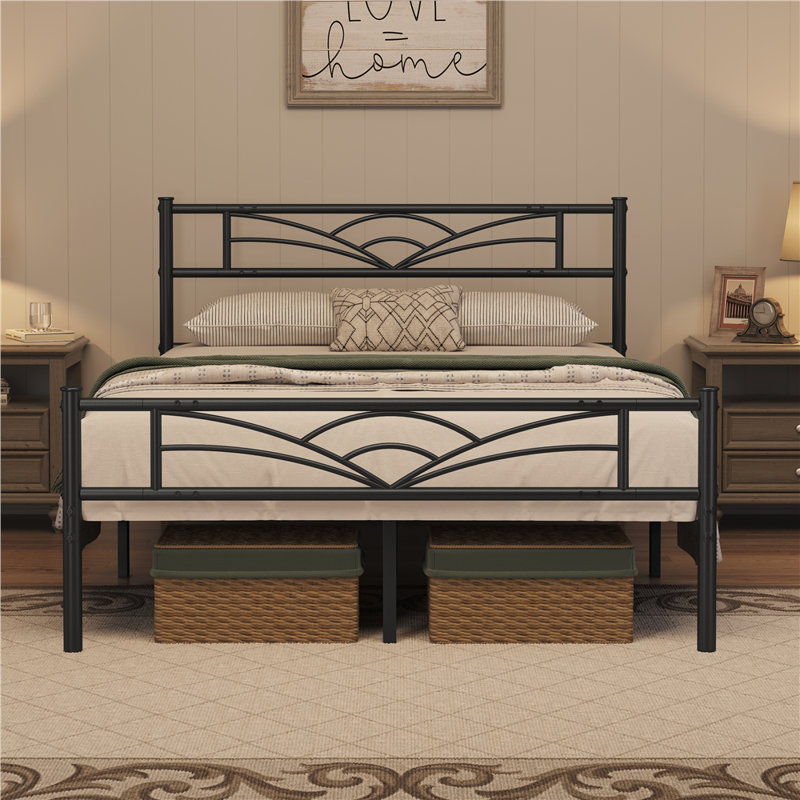 88.5cm Height Metal Bed Frame with Cloud-inspired Design Headboard, Black, Kingsize (5')