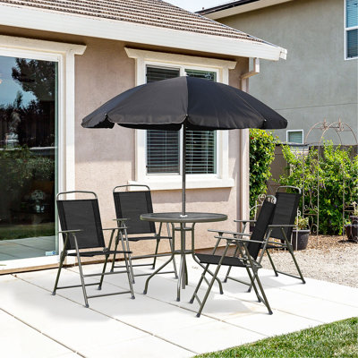 Ensemble de salle à manger de patio 6 pièces Outsunny pour 4 personnes avec parasol, table d'extérieur et chaises avec 4 chaises pliantes et table ronde en verre pour le jardin, la cour et la piscine