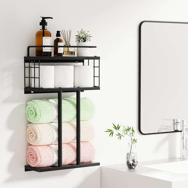 Porte-serviettes mural en métal à 2 niveaux avec tablette - Support de rangement de salle de bain pour serviettes roulées et articles essentiels