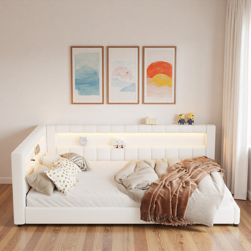 Upholstered Daybed With Usb Ports And Led Light Strips, Cream White, Full