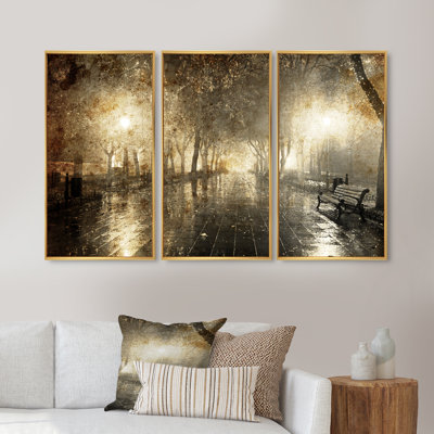 Night Alley with Lights - Ensemble d'art mural sur toile encadré paysage de 3