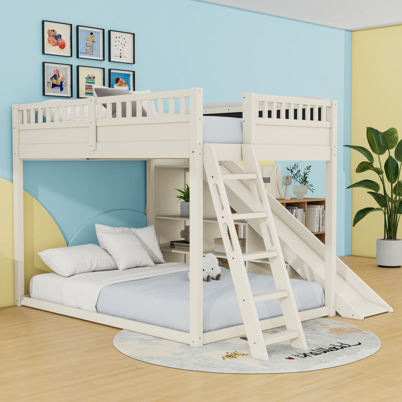 Lit mezzanine avec tablettes de rangement et glissoire, Grand lit, Beige