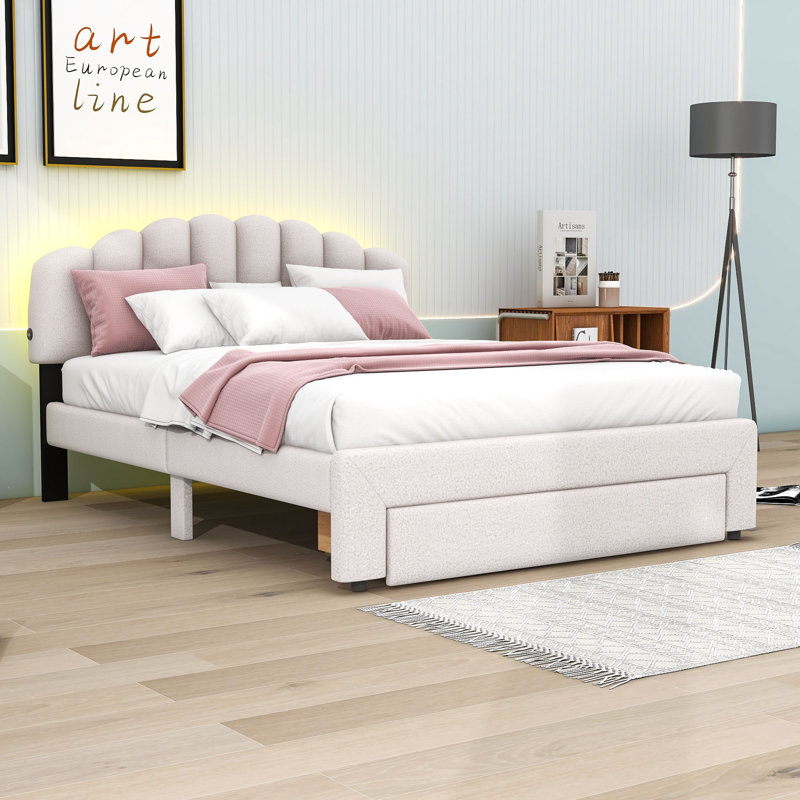 Lit plateforme avec rangement Layhew, Beige