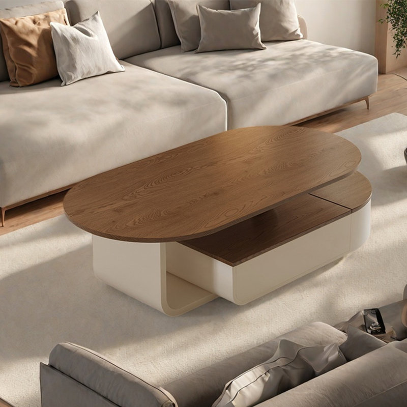 Table basse moderne simple ovale, Blanc, Noyer foncé, H 16,5 po x L 51,2 po x l 27,6 po
