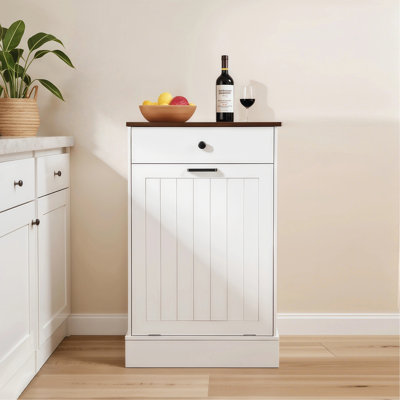 Armoire à poubelle inclinable, armoire à poubelle cachée en bois avec tiroir, armoire à ordures autoportante pour la cuisine, armoire à linge de style campagnard 10 gallons pour la cuisine, le salon (blanc)