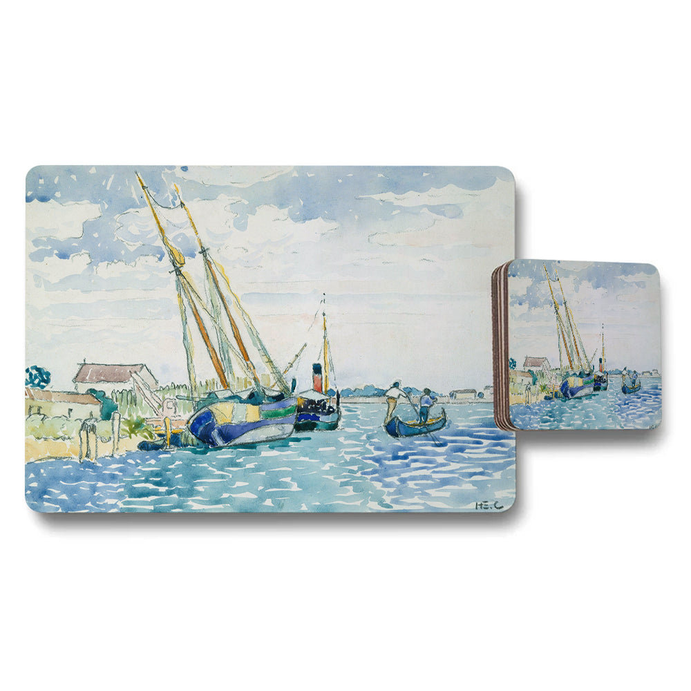 Seaside Harbor Boats Impressionist Placemat And Coaster Set