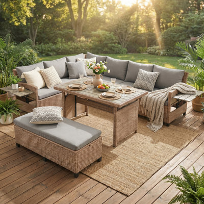 Ensemble de canapé de patio extérieur en rotin 5 pièces, ensemble de meubles de jardin en forme de L en osier avec 2 tables d'appoint extensibles