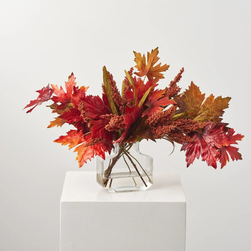 Mixed Fall Brown & Burgundy Red Maple Leaf & Rust Astilbe in Factice Vase Floral Water Illusion Arrangement