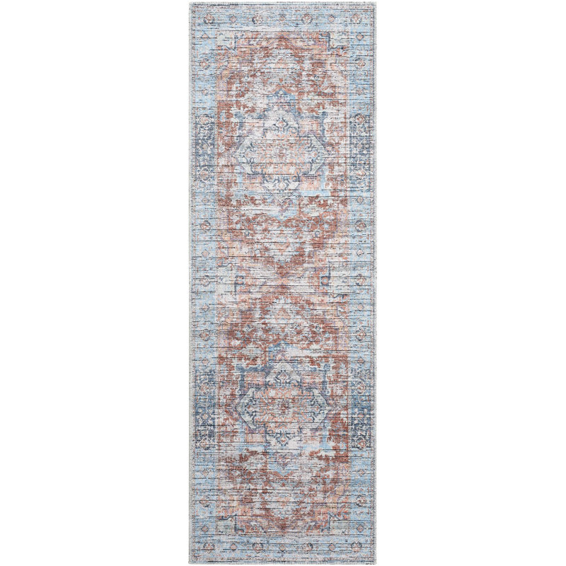 Bennett  Blue Machine Washable Area Rug, Runner 2'6" x 10', Polyester