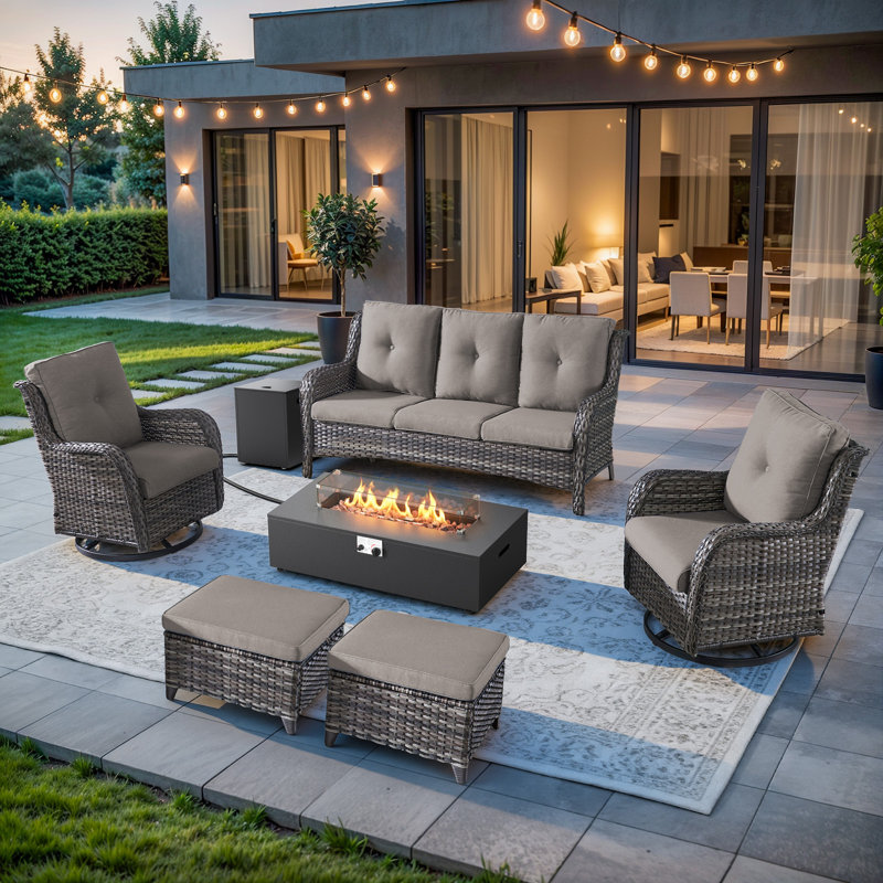 Deeomninia 6-Piece All Weather Wicker Patio Conversation Set With Swivel Gliders, Split Fire Pit Table And Ottomans