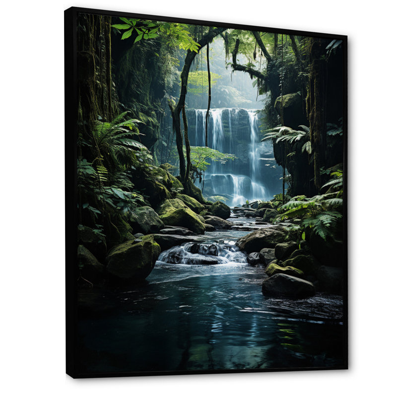 «Waterfall Hidden Oasis I», art mural sur toile, Cadre flottant noir, 44" H x 34" W