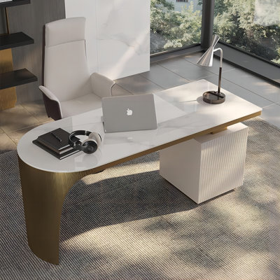 Bureau d'écriture beige rectangulaire en pierre frittée, 2 tiroirs