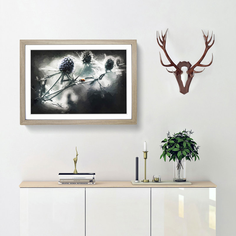 Ladybird upon a Thistle Flower in Abstract - Picture Frame Painting Print, 60cm H x 91cm W x 2cm D, Oak
