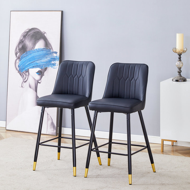 Bar Stools Set of 2,Counter Height Bar Stools with Back,Modern Faux Leather Kitchen Stools, Black, 2