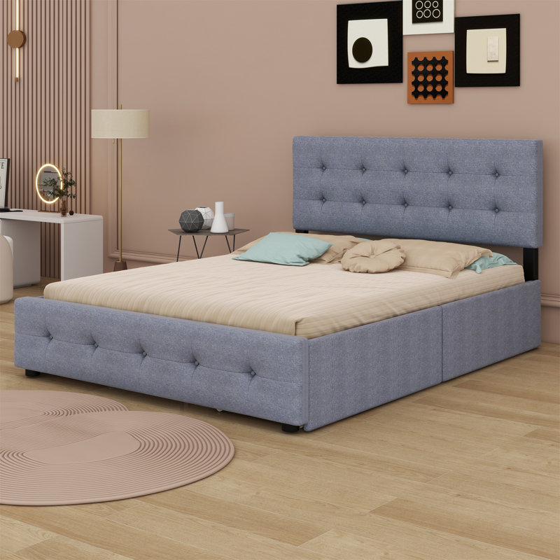 Lit plateforme tapissier avec tête de lit classique et 4 tiroirs, Gris