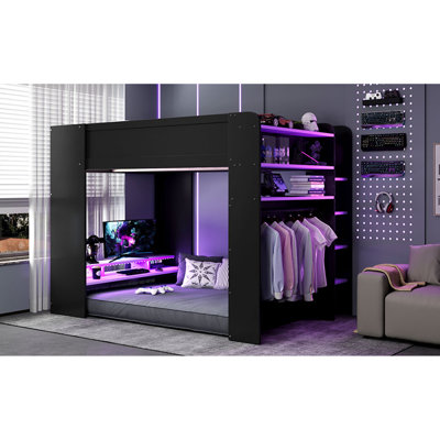 Full Size Wood Bunk Bed with height-adjustable Desk,Wardrobe,Ample Storage Space,and RGB Light