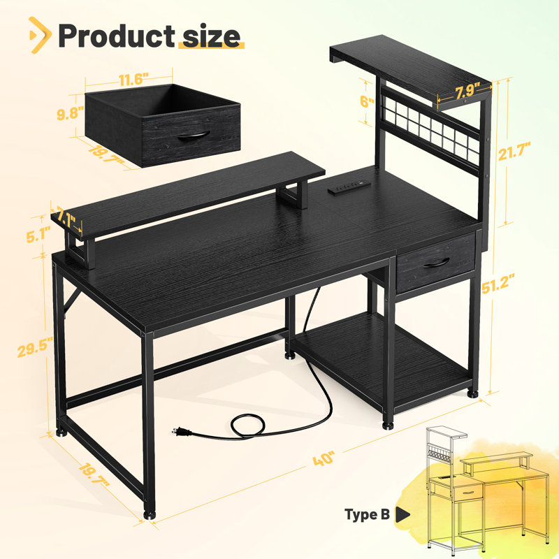 Bureau d'ordinateur avec lumière DEL, tiroirs et tablettes réversibles, H 51,2 po x l 40 po x P 19,7 po, Noir