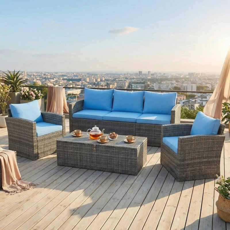 Ensemble de conversation en osier pour 5 personnes avec coussins Arlington, Cadre gris / coussin bleu port