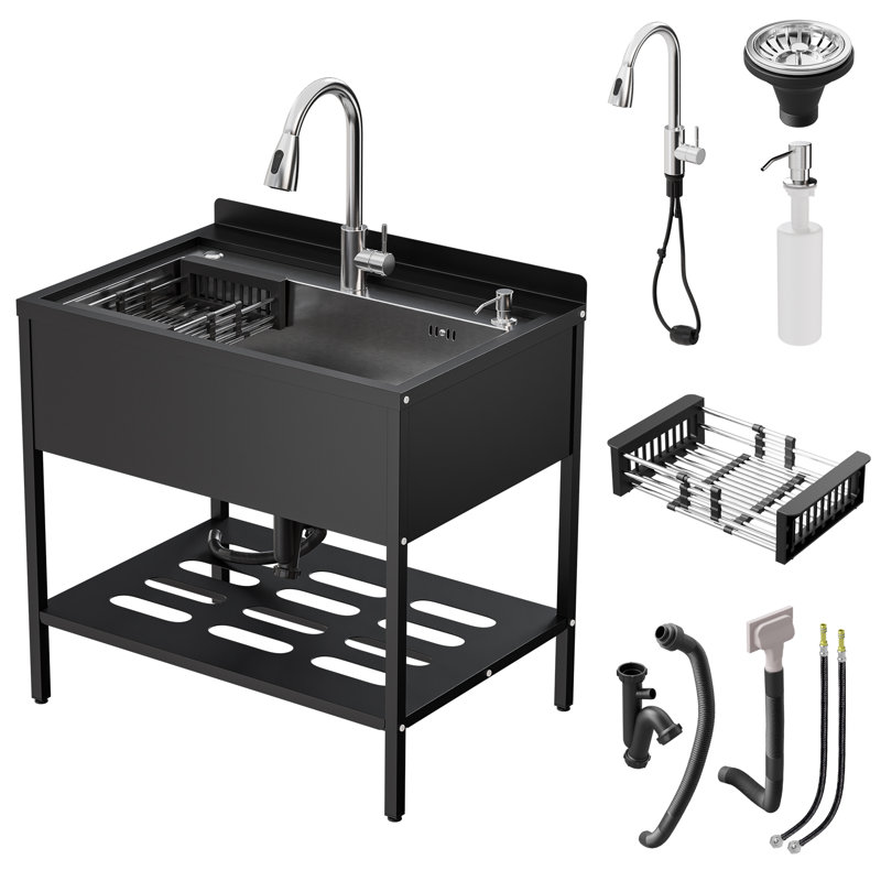 32 In. W X 22 In. D Freestanding Utility Sink In Back With Pull-out Faucet