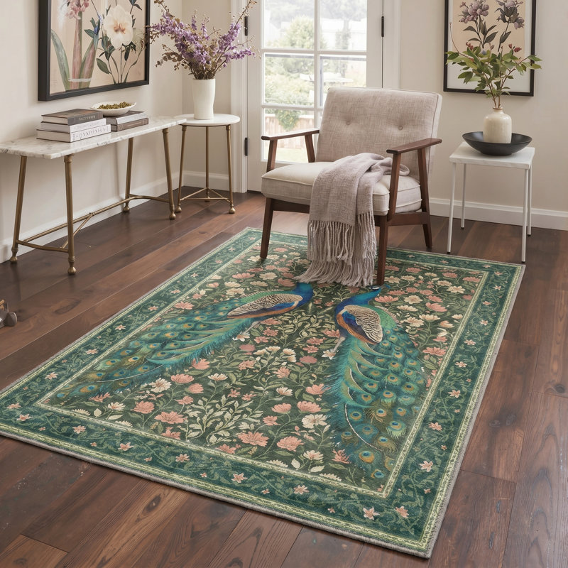 Peafowl Collection Vintage Machine Green Indoor Area Rug with Non-Slip Backing, Rectangle 9' x 12'