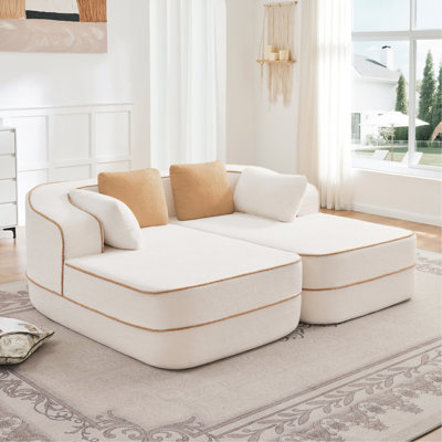77.2" Teddy Fabric No Assembly  32D High Density Sponge Boneless Sofa,Fluffy Comfy Couch With Double Chaises,Sleeper Sofa,Contrast Color Design,Symmetrical Aesthetics,For Living Room,White