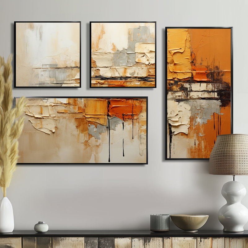 Orange Impressions III - Collages abstraits, art mural 4 pièces, Noir, Impression encadrée sans passe-partout