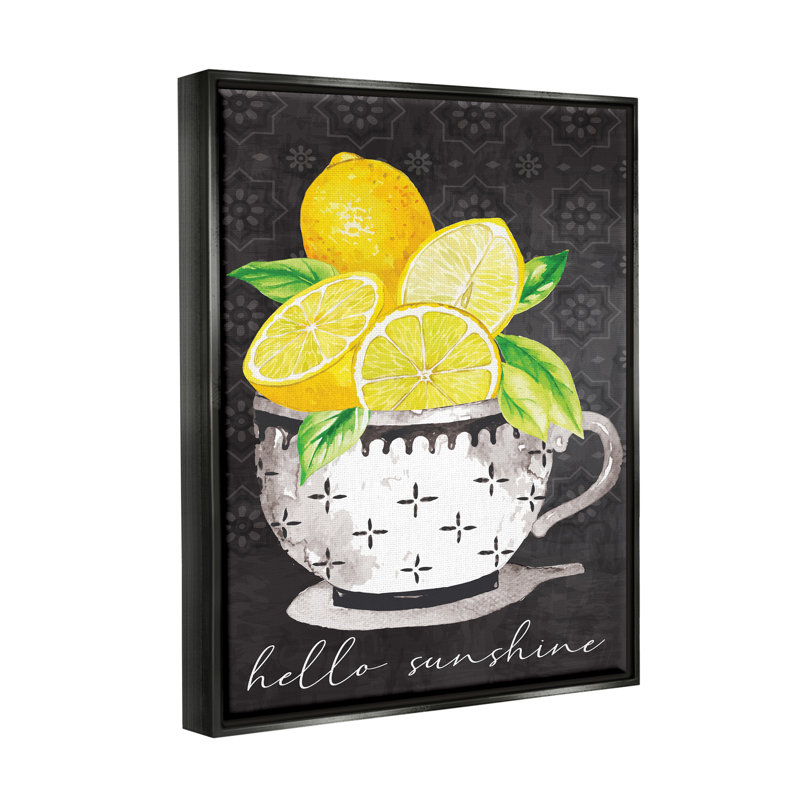 «Hello Sunshine Lemons in Teacup», art mural encadré sur toile flottante noire par ND Art, Cadre flottant noir de jais