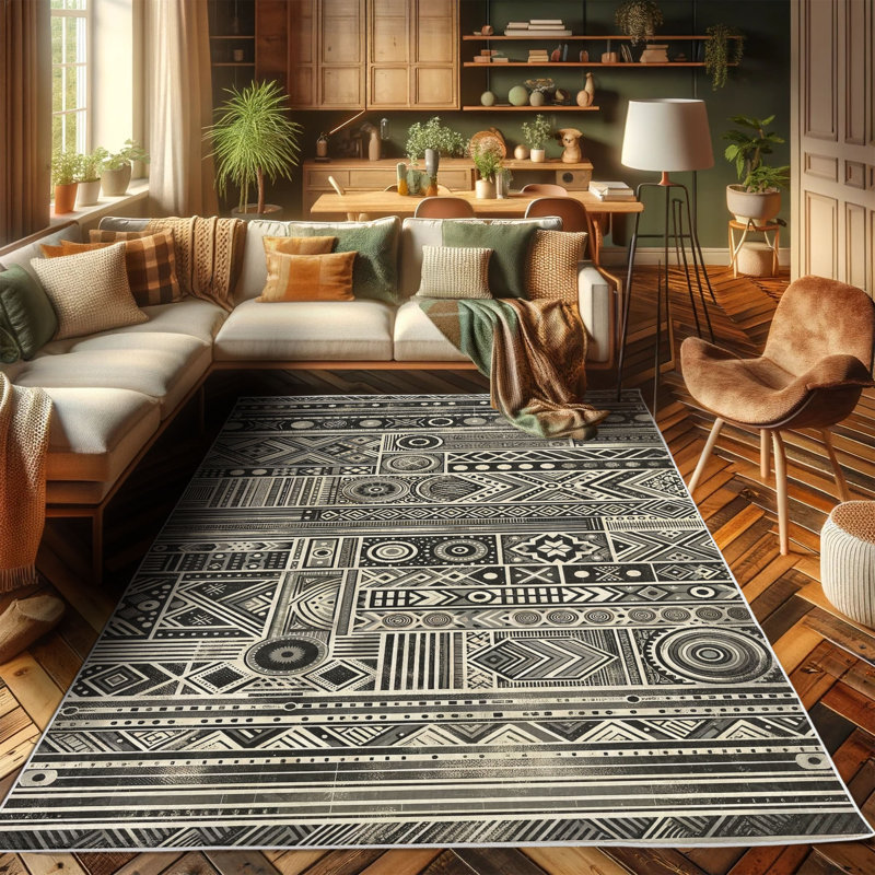 Charcoal Grey and Ivory Geometric Synthetic Area Rug 2'5" x 5'