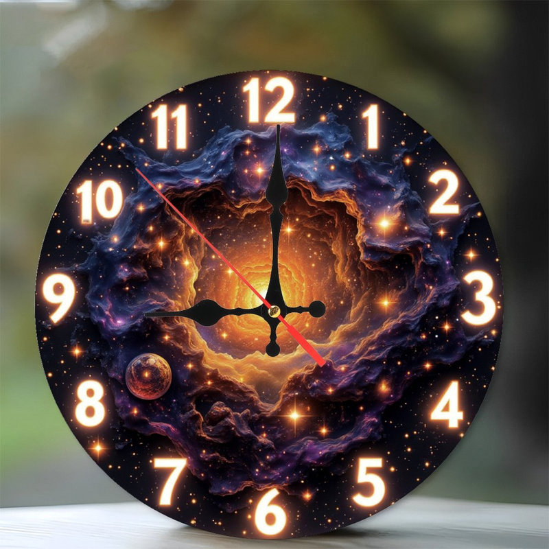 Horloge spatiale avec nébuleuse et planète