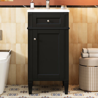 Meuble-lavabo de 16 po de conception française avec lavabo intégré, charnières à fermeture en douceur, rétro, lavabo rectangulaire noir, porte à fermeture en douceur, fabrication en bois massif, rangement polyvalent