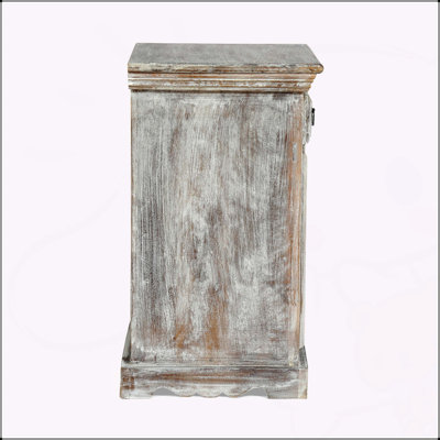 Durable Mango Wood Nightstand with Drawer and Door, Distressed Finish for Elegant Bedroom Storage.