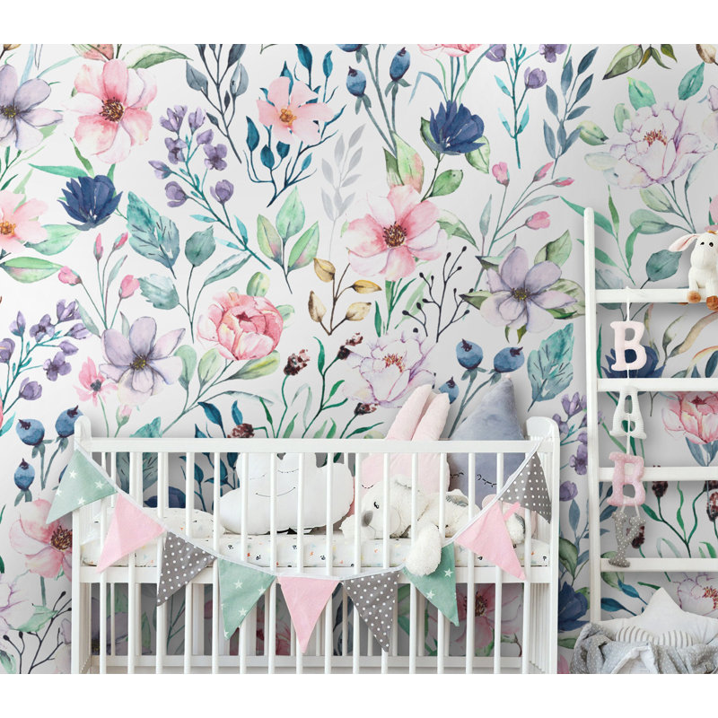Papier peint amovible aquarelle avec herbes et fleurs, L 98,04 po x l 150 po