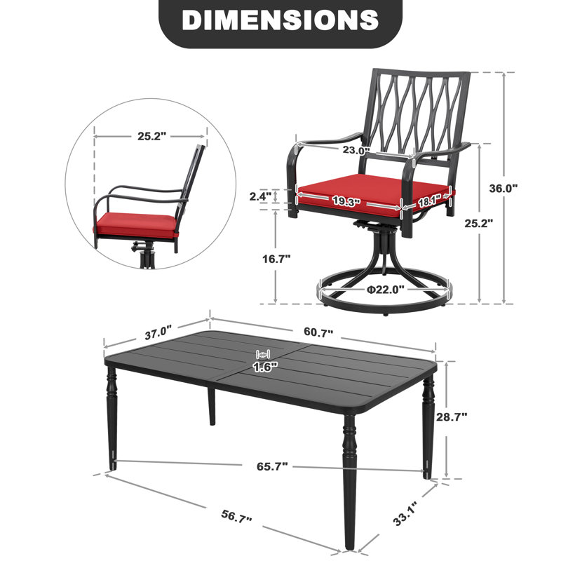 Patio Metal Dining Set With 6 Swivel Chairs And Umbrella Hole, Black, 7 Pieces: Table, 6 Chairs