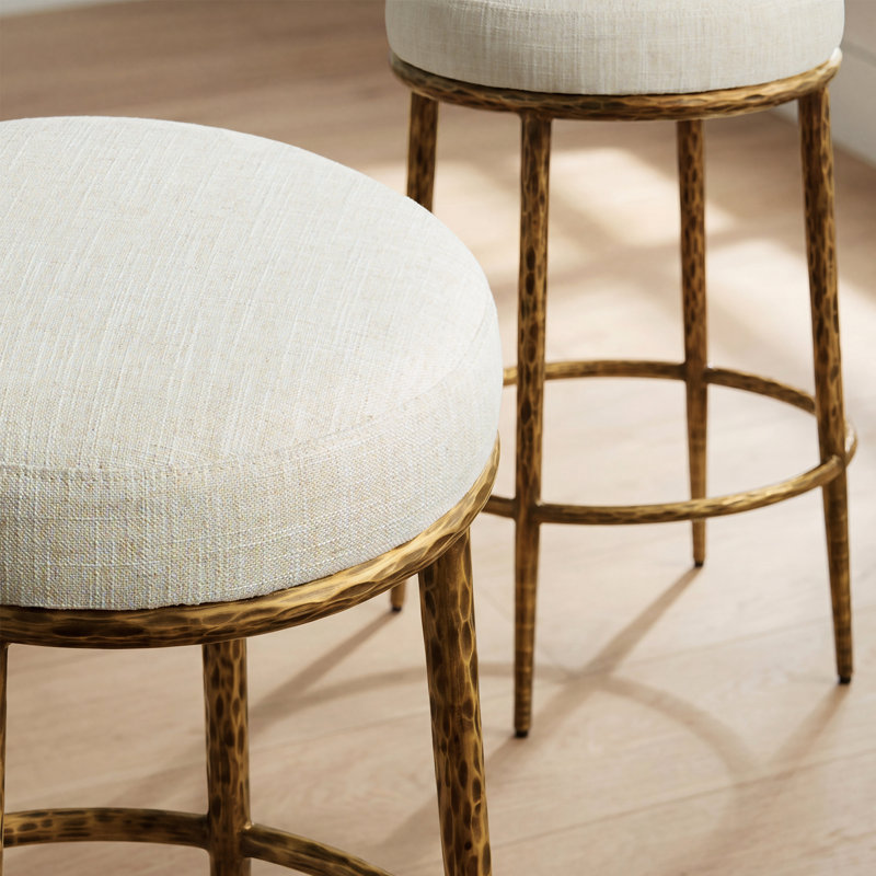 26.5" Modern Glam Counter Bar Stool with Hand-Hammered Metal Legs, Matte Gold Hammered