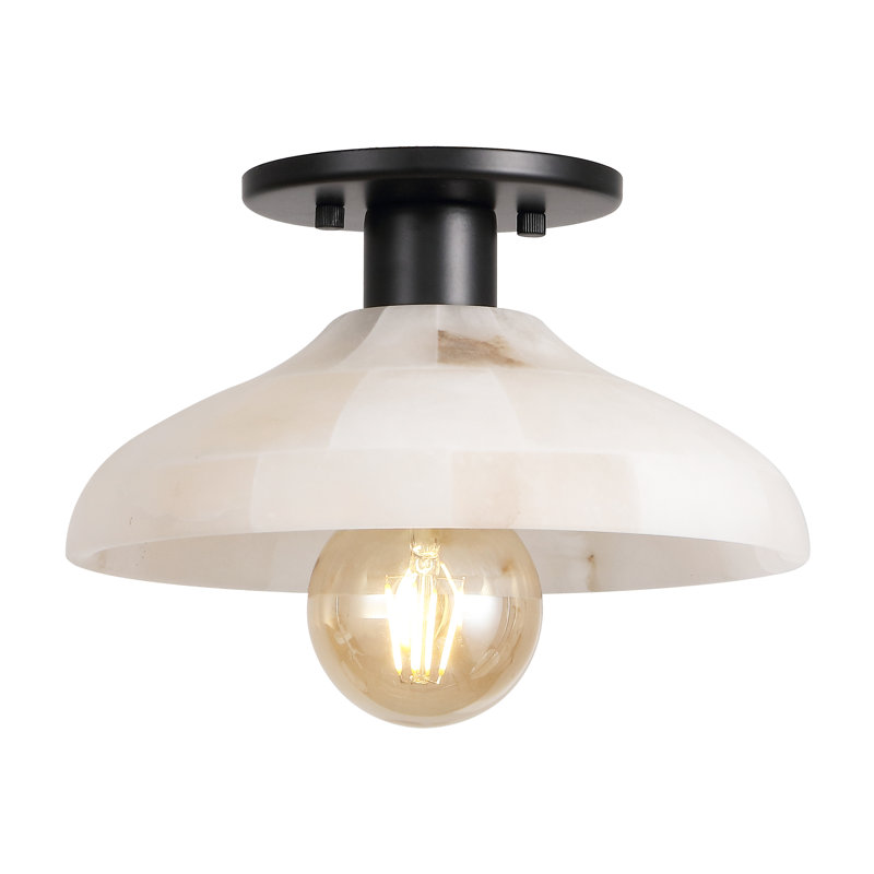 Honalee 10" 1-Light Mid-Century Classic Alabaster/Iron LED Semi Flush Mount, Matte Black
