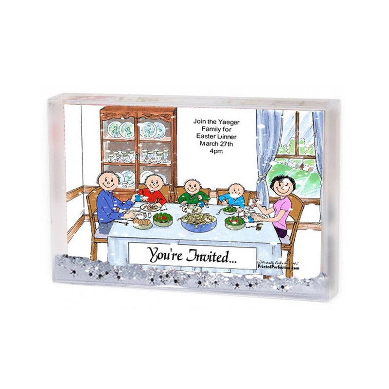 Personalized Family Dinner - Couple, Three Children MINI Snow Globe Frame Gift, 2.5" H x 3.75" W x 1" D