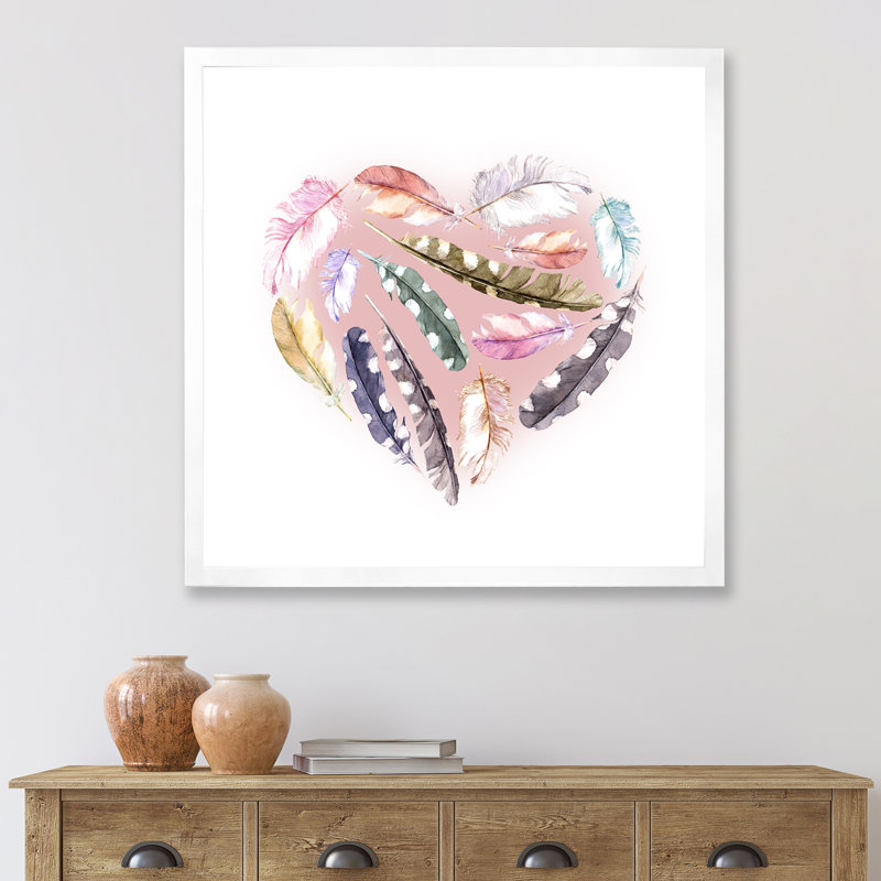 «Ethnic Feather Heart», impression sur toile encadrée, H 30 po x l 30 po x P 1 po, Cadre blanc