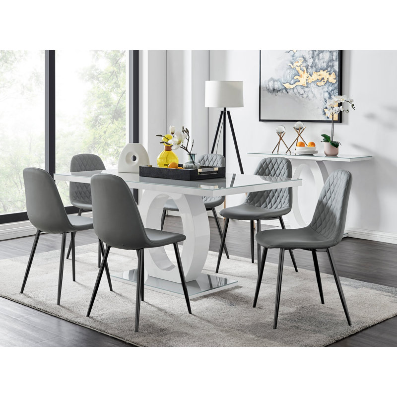 Scottsmoor Modern High Gloss & Glass Dining Table Set - 6 Scandi-Style Faux Leather Dining Chairs, Grey/Black, Grey