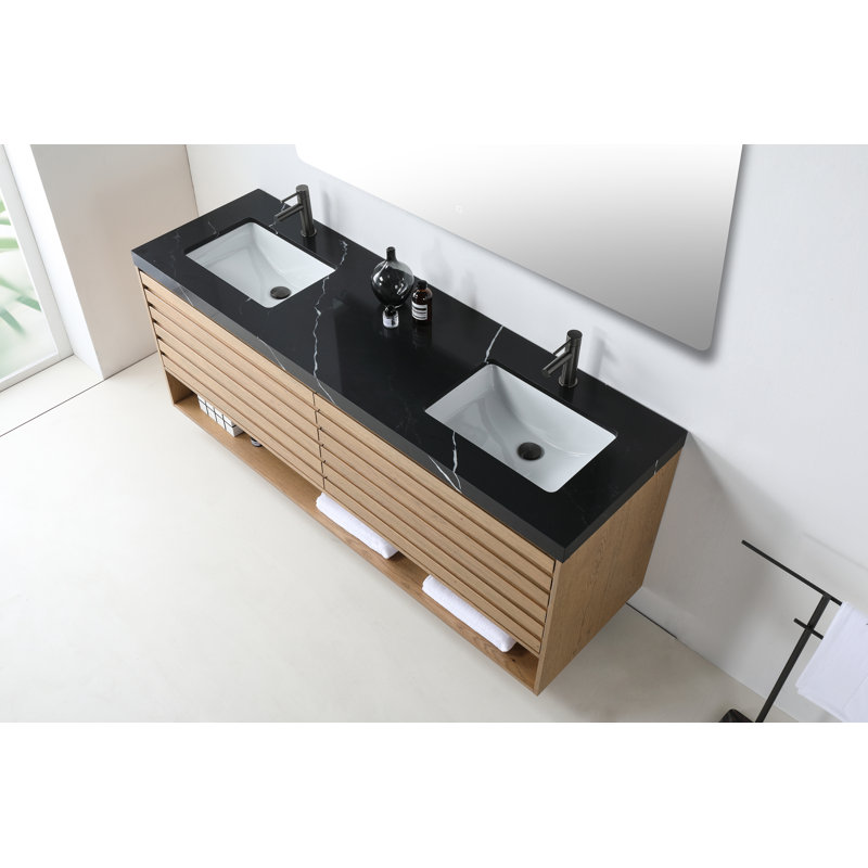 Matera 72" W Double Vanity, Pecan Oak, Black