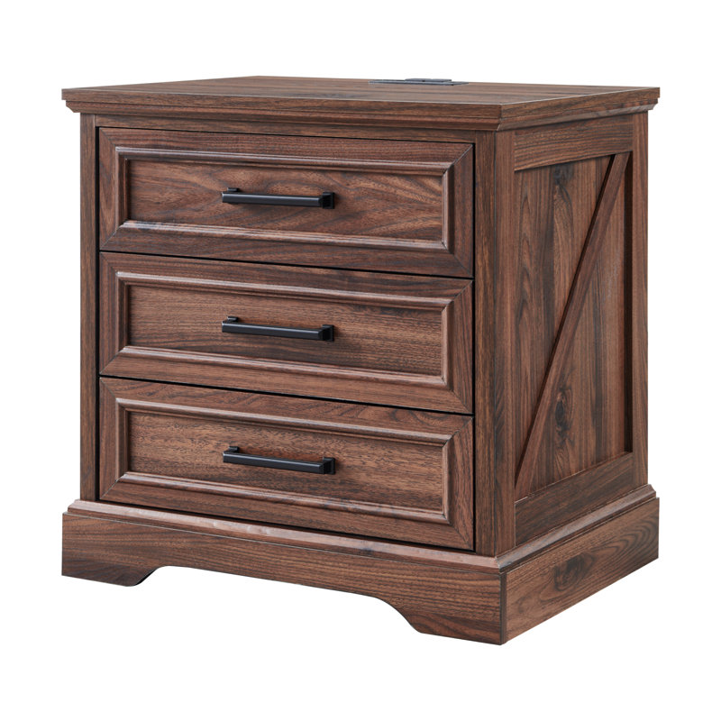Farmhouse 23.6'' W  Nightstand With Charging Station , Wood End Table With 3 Large Drawers, Brown